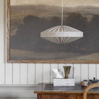 Beżowa lampa wisząca elipsa lniana Alba